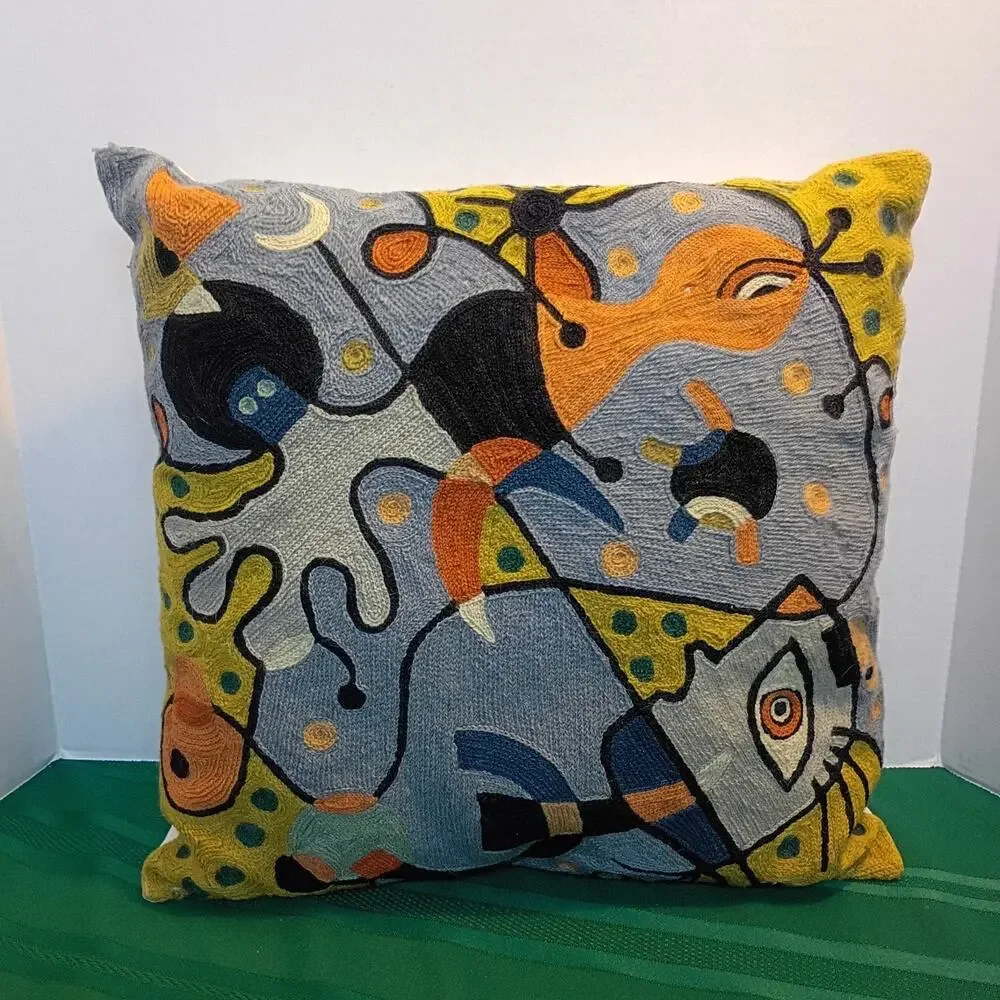 Miro Style Crewel Embroidery Cushion Cover Abstract Mid Century Modern Accent